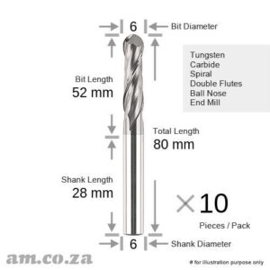 TL-EB2-S6T52: 10Pcs of Tungsten Carbide Φ6mm CNC Router Bit on Φ6mm Shank Spiral Double Flutes Ball Nose End Mill, 52mm Cutting Length, 80mm Total Length