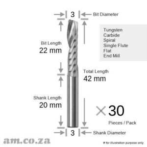 TL-ES1-S3T22/30: 30Pcs of Tungsten Carbide Φ3mm Upcut CNC Router Bit on Φ3mm Shank Spiral Single Flute Flat End Mill, 22mm Cutting Length, 42mm Total Length
